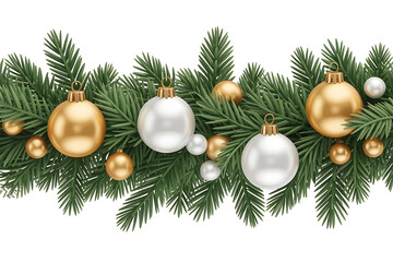 Festive evergreen garland adorned with shimmering gold and silver ornaments, evoking holiday cheer.