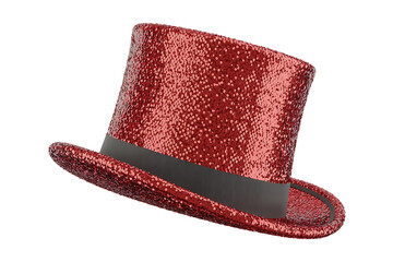 Sparkling red top hat with a black ribbon, exuding elegance and a touch of theatrical flair.