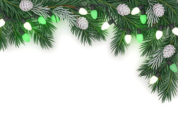 Festive evergreen branches adorned with pine cones and glowing string lights.