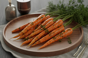 Fresh carrots arranged on a wooden plate, garnished with herbs, conveying natural, wholesome goodness.