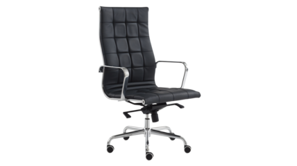 Modern executive office chair with quilted black leather and chrome accents