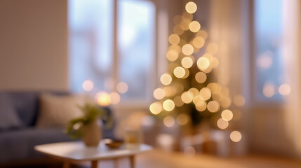 居心地の良いリビングルームのクリスマスツリーの光と美しいボケ