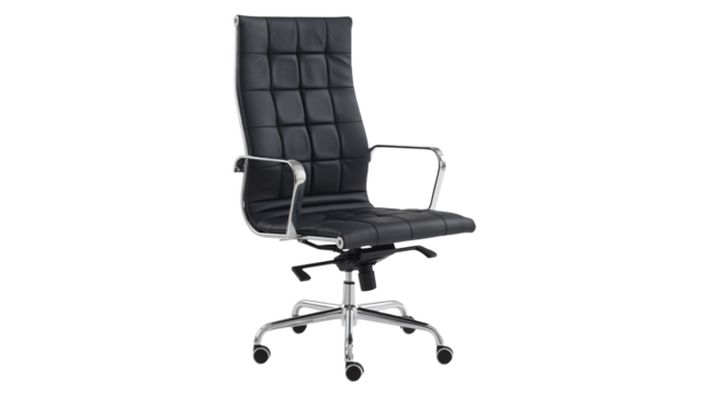 Modern executive office chair with quilted black leather and chrome accents