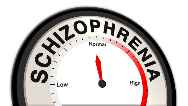 Schizophrenia at a moderate level shown on a barometer or tachometer, reflecting manageable symptoms like cognitive impairments and mood fluctuations, with ongoing treatment and therapy