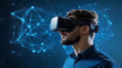 Man wearing virtual reality headset experiencing digital network