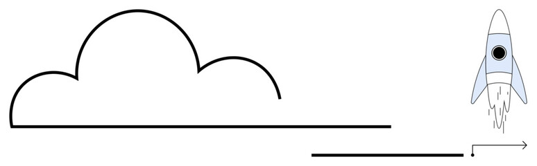 Rocket ascending into the air near a minimal cloud and line path, suggesting progress, innovation, and exploration. Ideal for startup growth, technology, freedom, success, ambition simple flat