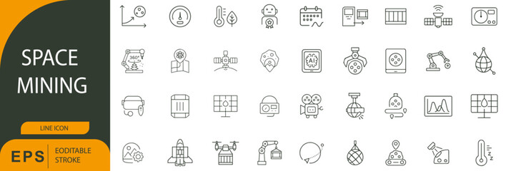 Space Mining Line Icon Pack – Editable Stroke Vector Symbols of Astronauts, Robotics, and Celestial Resource Extraction