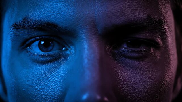 Human face split with abstract blue and purple lightning visual effect