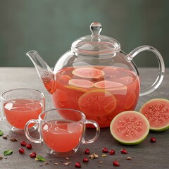 Warm guava tea with fresh guava slices in a clear teapot and cups, surrounded by spices and pomegranate on a dark table.