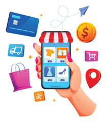 Hand holding a mobile phone showing online clothing items surrounded by a credit card, shopping bag, and location pin. Vector cartoon illustration