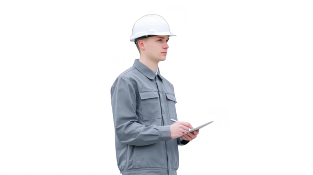 Young male engineer in gray uniform and white safety helmet holding clipboard, standing and writing, isolated on transparency background, professional and focused expression