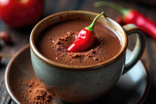Steaming mug of rich, dark hot chocolate topped with a vibrant red chili pepper garnish; a sprinkle of chili powder adds a fiery kick Perfect for a spicy winter treat , garnish, festive, chipotle