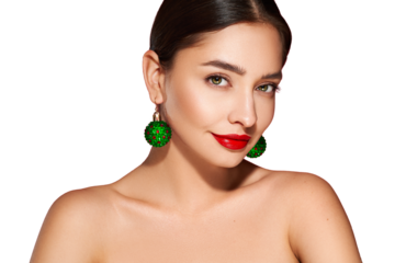 Portrait of beautiful young woman on transparent background, red lipstick and festive makeup, Christmas toy earrings, shiny glowing skin, Winter holidays concept