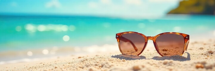 Stylish Sunglasses Resting on Sunny Beach Sand, Evoking Summer Relaxation and Vacation Vibes; Perfect for Travel, Holiday, and Summer-Themed Designs