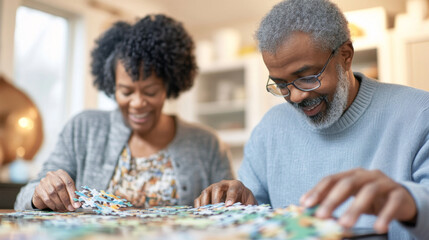 Middle age african american couple happily making puzzle indoors, concept of leisure