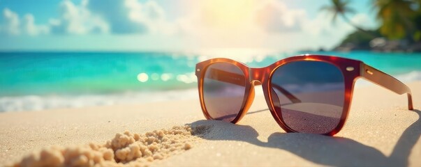 Stylish sunglasses resting on a vibrant summer beach scene, perfect for holiday promotions Sun's reflection, ocean view, sand, tropical vibe , sun glare, yellow