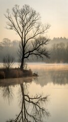 Fototapeta premium Serene Tree by the Lake: A tranquil lakeside scene at dawn, with a bare tree gracefully reflected in the still water, enveloped in a soft, ethereal mist.