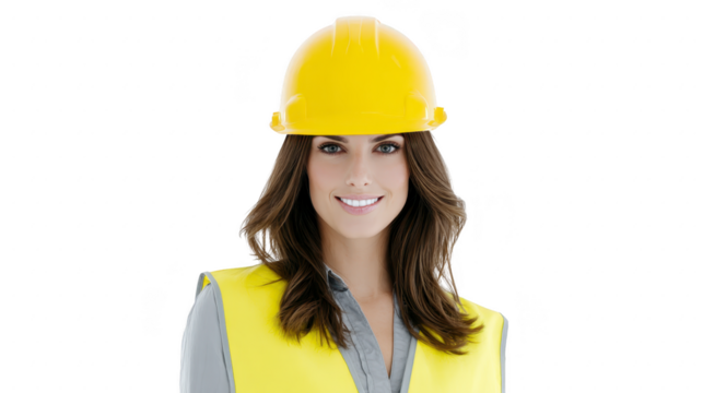 Woman construction worker yellow hard hat safety vest smiling professional female engineer woman construction worker wearing yellow hard hat and safety vest smiling confidently representing - Powered by Adobe
