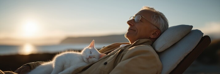 Elderly caucasian male relaxing on beach with sleeping white cat at sunset