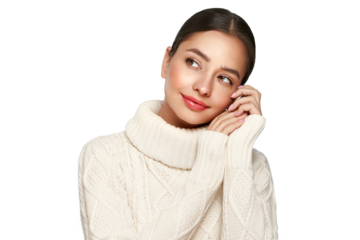 Portrait of young happy beautiful woman smiling and looking away, isolated on transparent background in a warm white sweater. Concept of winter promo sale
