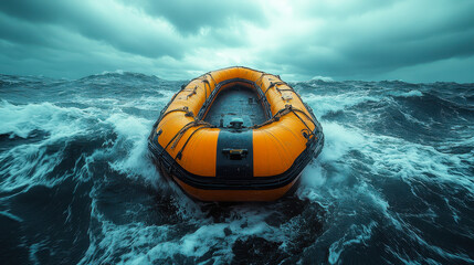 Obraz premium Orange Lifeboat Adrift in Rough Sea Under Overcast Sky - Solitude Survival Theme in Gloomy Weather