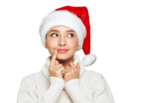 Beautiful woman in a white knitted sweater and santa hat isolated on a transparent background. Christmas or New Year festivities. Holiday and Party