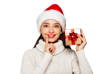 Beautiful woman in a white knitted sweater and santa hat with gift box isolated on transparent background. Christmas or New Year festivities. Holiday and Party