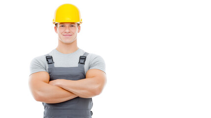 Smiling construction worker wearing yellow hard hat and gray overalls stands confidently with arms crossed, isolated on transparency background, conveying professionalism and positivity