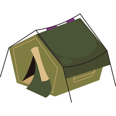 Simple pixel art green camping tent with open door and wooden pole isolated on white background for outdoor adventure and camping themes