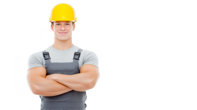 Smiling construction worker wearing yellow hard hat and gray overalls stands confidently with arms crossed, isolated on transparency background, conveying professionalism and positivity