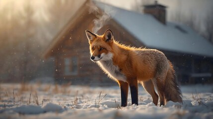 Fototapeta premium Fox by the Christmas Cabin