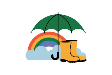Fototapeta premium An umbrella, rainbow, and rain boots are symbols of protection from the elements.