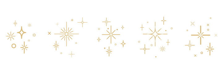 Naklejka na ściany i meble Minimalist sparkle icons in various starburst and twinkle shapes on white background, for holiday cards, branding, packaging design, beauty products, wedding, web design, seasonal marketing. Vector Naklejka na ściany i meble Minimalist sparkle icons in various starburst and twinkle shapes on white background, for holiday cards, branding, packaging design, beauty products, wedding, web design, seasonal marketing. Vector