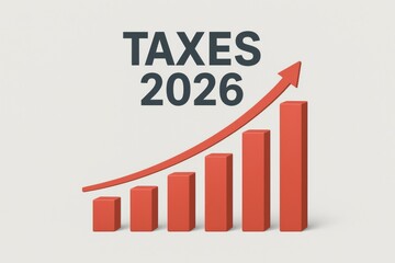 Taxes 2026 bar graph with upward arrow concept