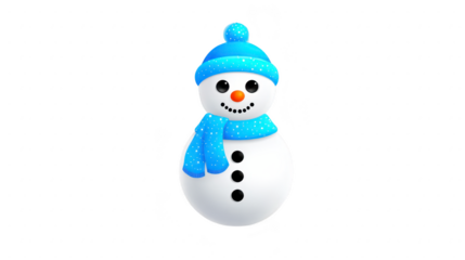 Snowman winter blue hat blue scarf carrot nose smiling cheerful holiday festive cold weather isolated