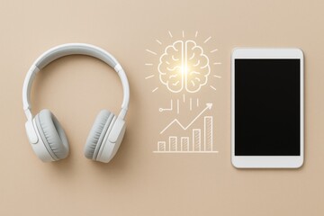 Headphones with tablet and brain illustration on beige flatlay background