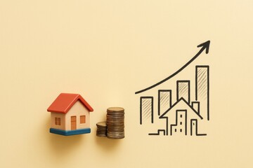 Real estate cost growth concept with house, coins, and chart on beige background