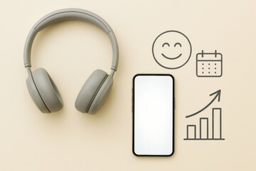 Headphones and smartphone with growth chart and calendar symbols on beige background