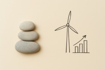 Stacked stones with wind turbine and growth graph on beige background