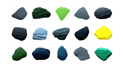 Colorful stone collection various shapes and textures arranged in grid on transparency background includes green yellow blue and gray rocks natural mineral variety isolated creative display