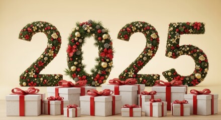 2025 numbers with wreaths and gifts — New Year greeting