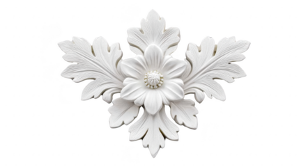 White floral ornament with intricate leaf details, classic decorative style, elegant and symmetrical, suitable for interior design, architecture, or craft embellishment