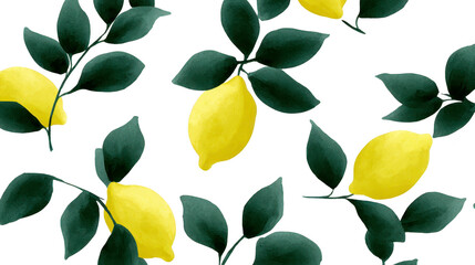 Lemon fruit branch leaf green yellow watercolor illustration pattern botanical Lemon fruit with green leaves branches, painted watercolor style, seamless botanical pattern, fresh and vibrant mood