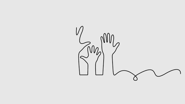 Continuous one line drawing of hands up, raised up volunteering, audiences and team work concept animation video. Full length single line art 4K animation