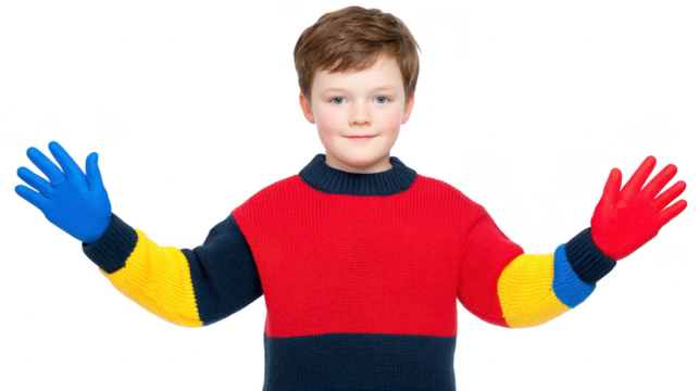 Young boy wearing colorful sweater with blue and red gloves, standing with arms raised, smiling confidently, isolated on transparency background, cheerful and playful mood