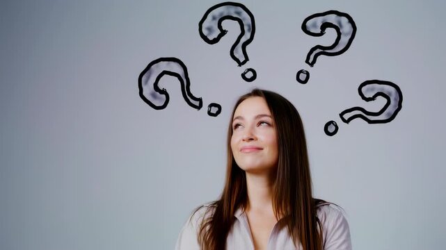 A young woman looks up with a thoughtful expression beneath large, hand-drawn question marks