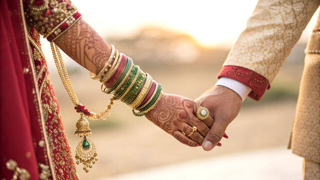 Indian wedding couple holding hands
