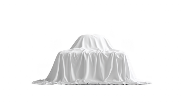 White fabric draped over hidden object, smooth folds and soft texture, mystery and anticipation, isolated on transparent background, studio lighting