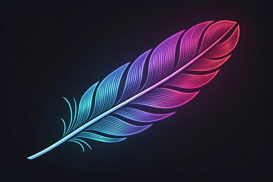 Vibrant neon feather illustration with intricate details on a dark background