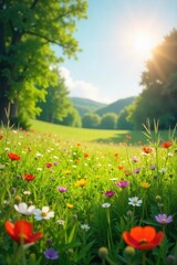 Fototapeta premium Sun-drenched meadow in summer, wildflowers in bloom, vibrant green grass, idyllic landscape Perfect for nature, summer, or travel themes , nature, wildflowers, peaceful